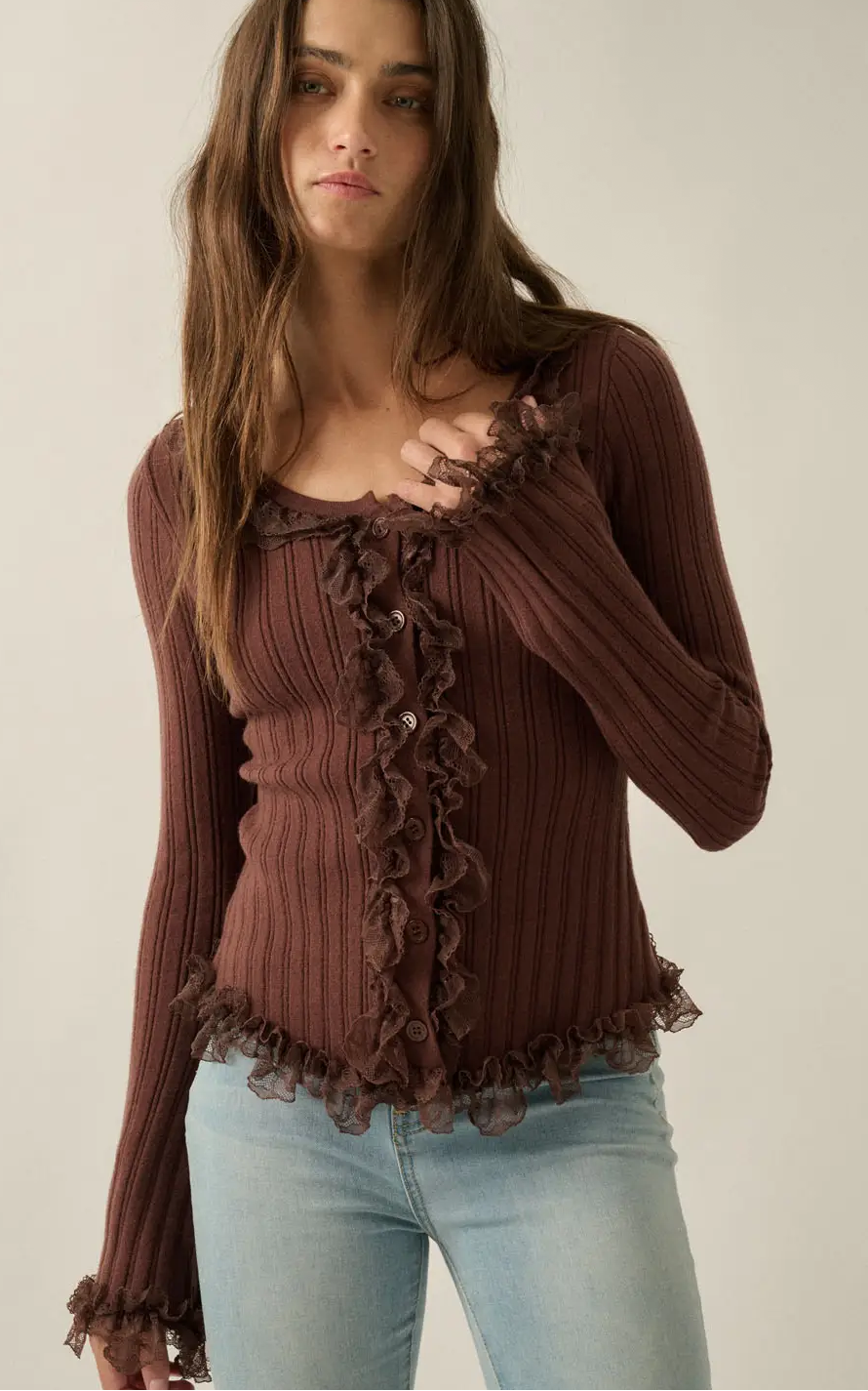 Solid Ribbed Knit Button-Up Long Sleeve Lace Ruffle Trim Top