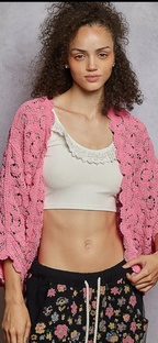 Long Sleeve V-neck Floral Pattern Crochet Chenille Cardigan- bubble gum