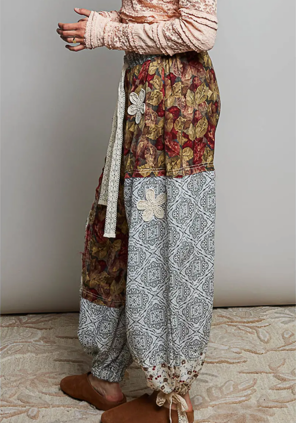 Crochet Patch Detail Contrast Patchwork Printed Woven Pants