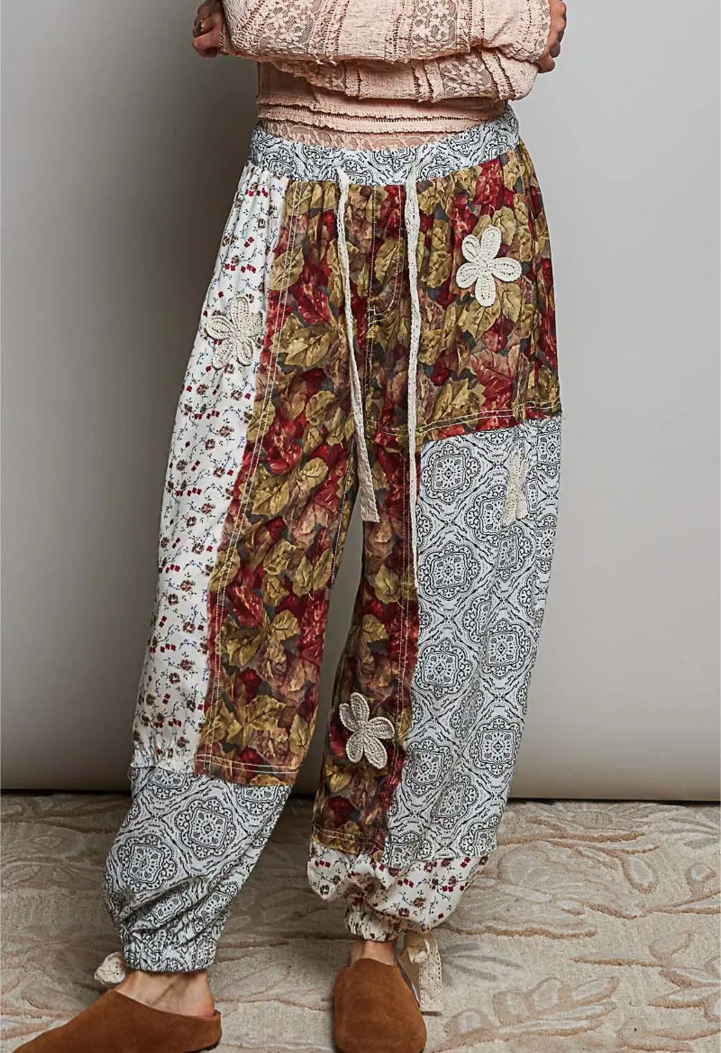 Crochet Patch Detail Contrast Patchwork Printed Woven Pants