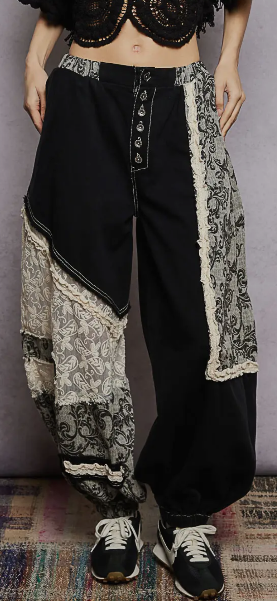 Button-Front Crochet Accent Ruffle Trim Jogger Pants
