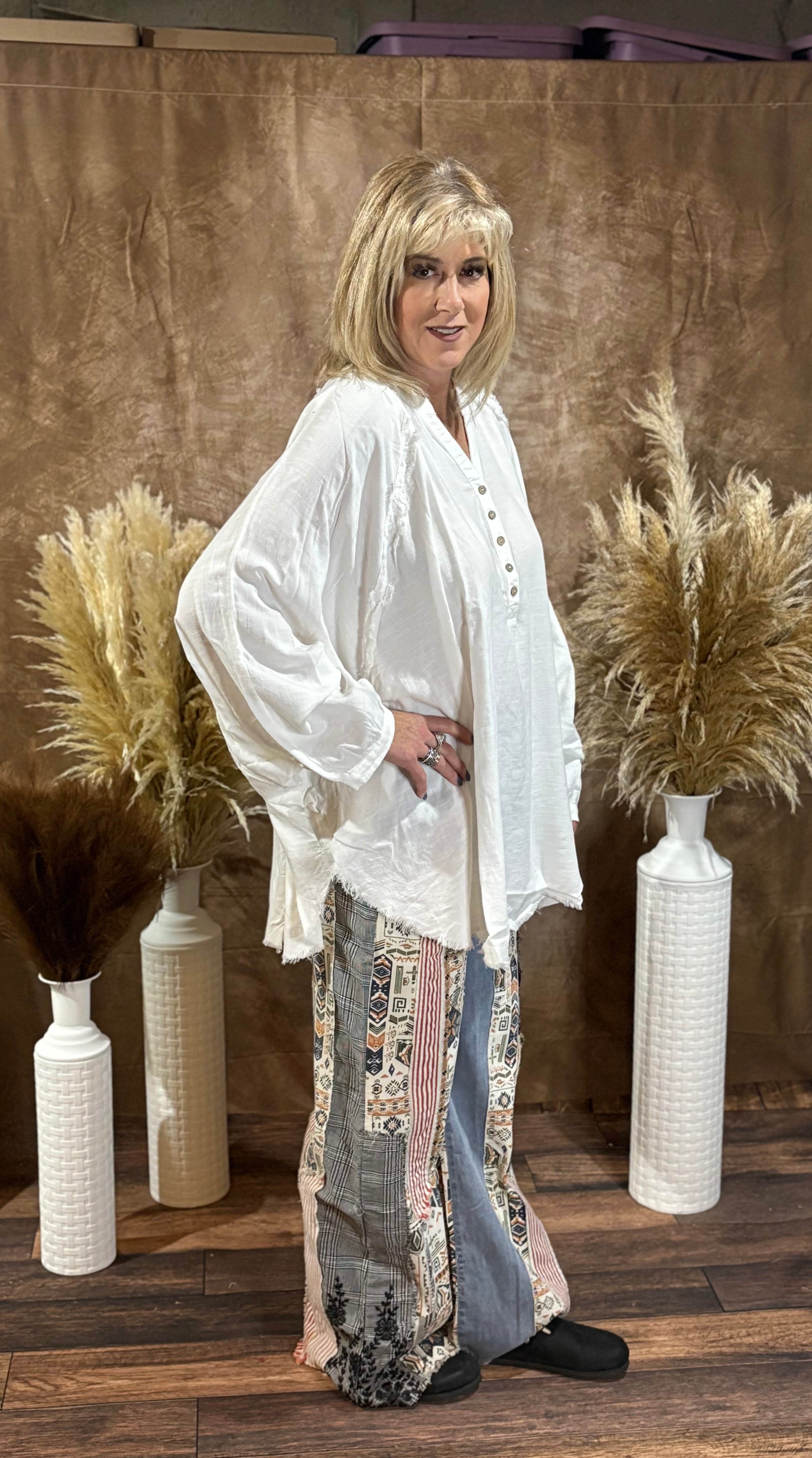 Washed Mandarin Button V Neck Oversized Shirt