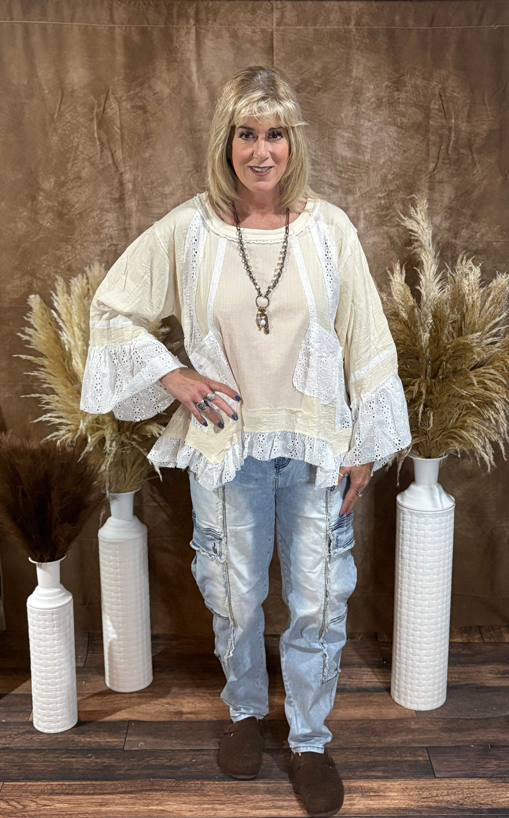 3/4 Long Sleeve Round Neck Top