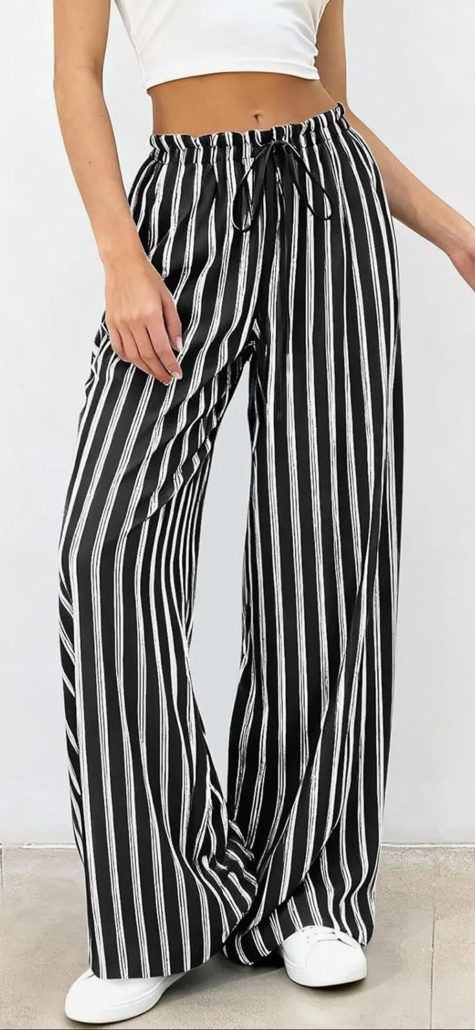 Casual Ruffled Drawstring Stripes Wide Leg Pants black-white