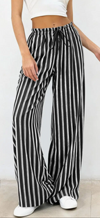Casual Ruffled Drawstring Stripes Wide Leg Pants black-white