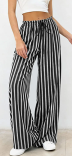 Casual Ruffled Drawstring Stripes Wide Leg Pants black-white