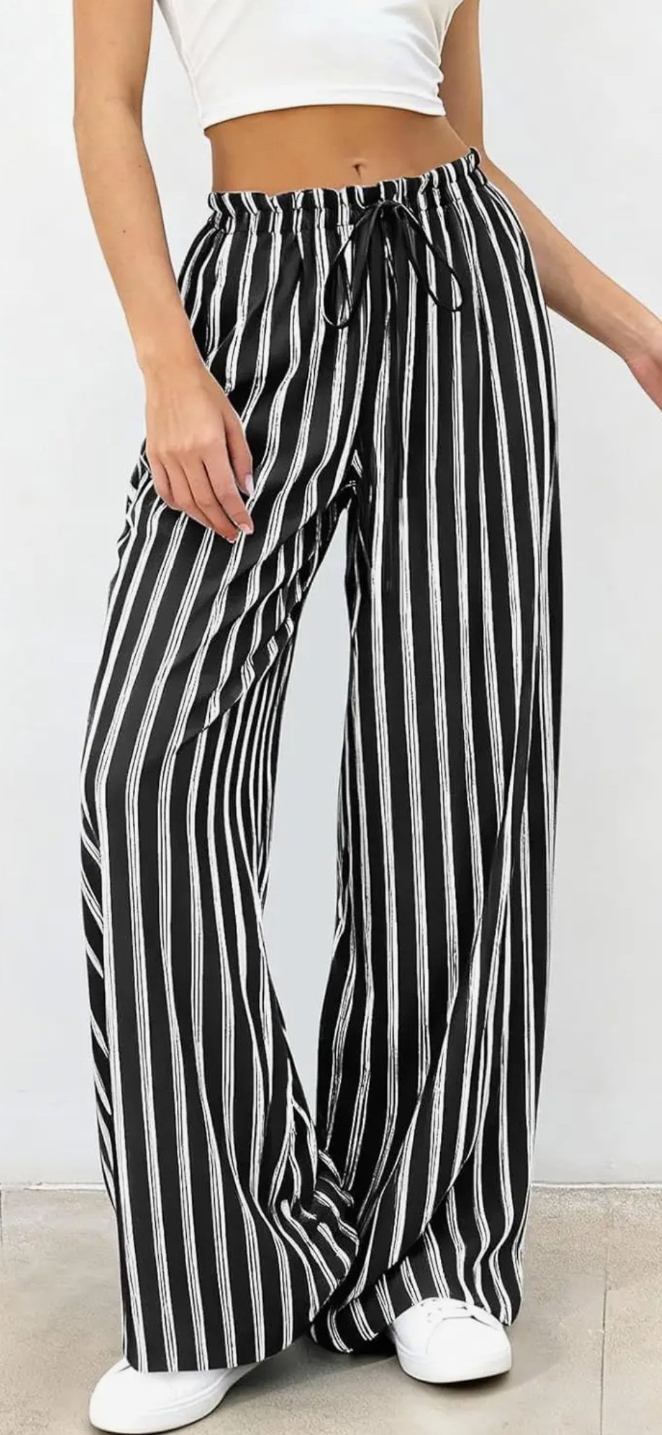 Casual Ruffled Drawstring Stripes Wide Leg Pants black-white