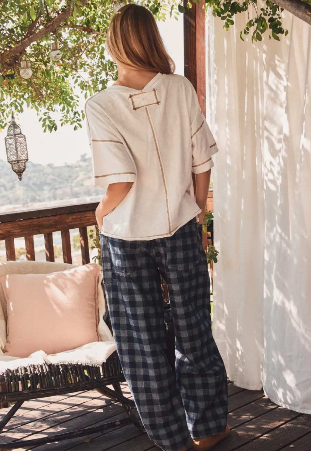 Checkered Patchwork Denim Pants with Contrast Drawstring