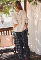 Checkered Patchwork Denim Pants with Contrast Drawstring