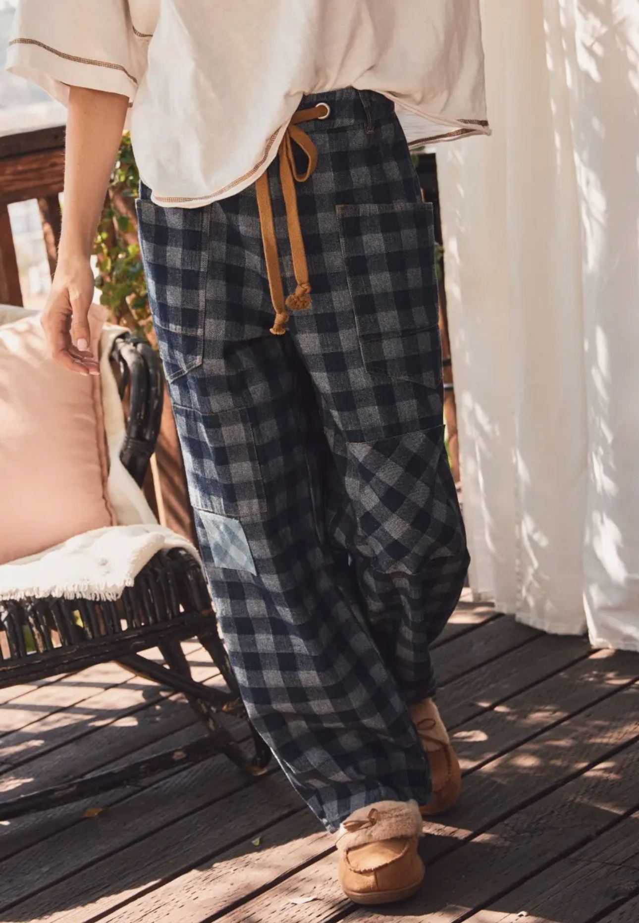 Checkered Patchwork Denim Pants with Contrast Drawstring