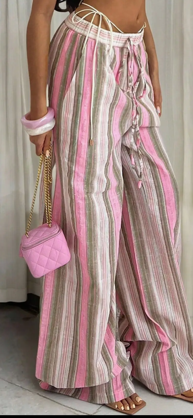 Contrast Striped Casual Elastic Waist Wide-Leg Pants- pink/multi