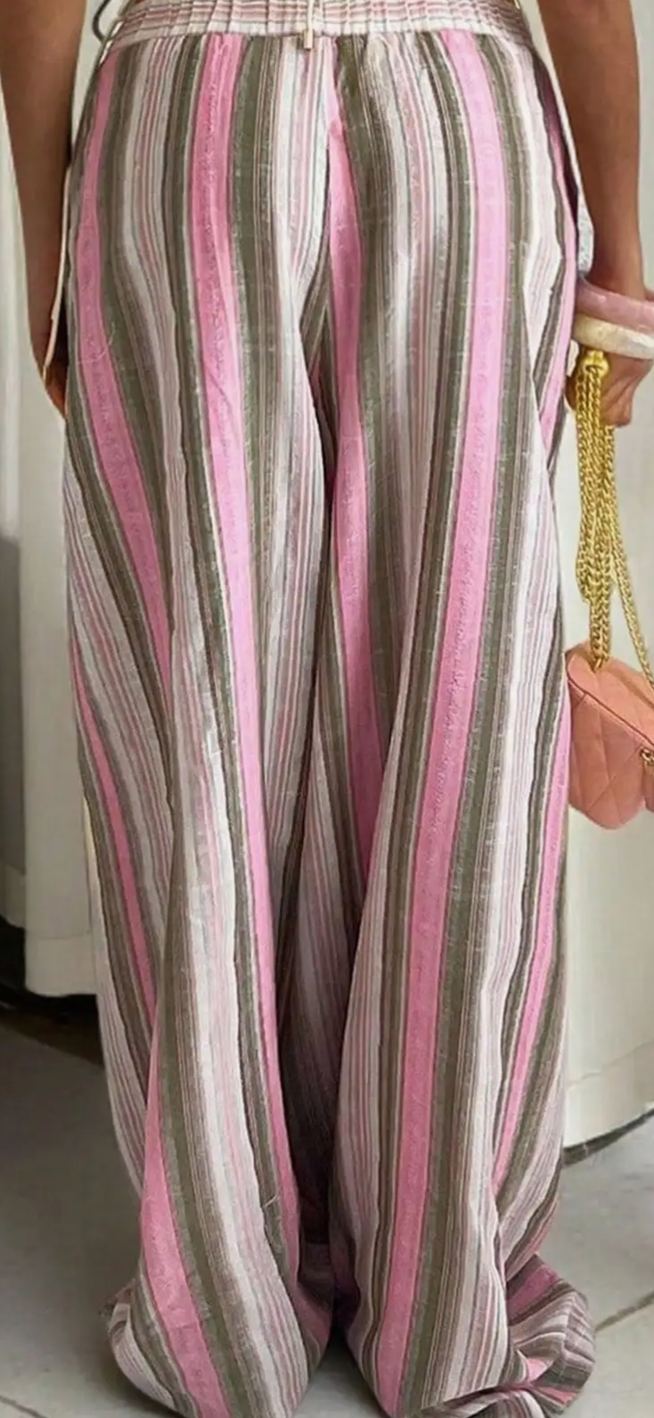 Contrast Striped Casual Elastic Waist Wide-Leg Pants- pink/multi