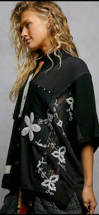 Collared Studded Button-down Short Sleeve Knit Shirt Top-black