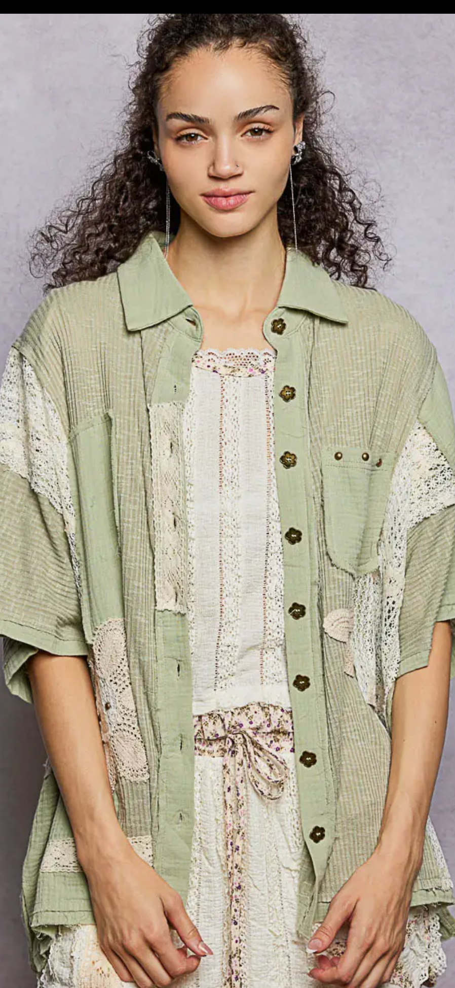 Collard Studded  Button Down Short Sleeve Knit Shirt- Olive