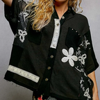 Collared Studded Button-down Short Sleeve Knit Shirt Top-black