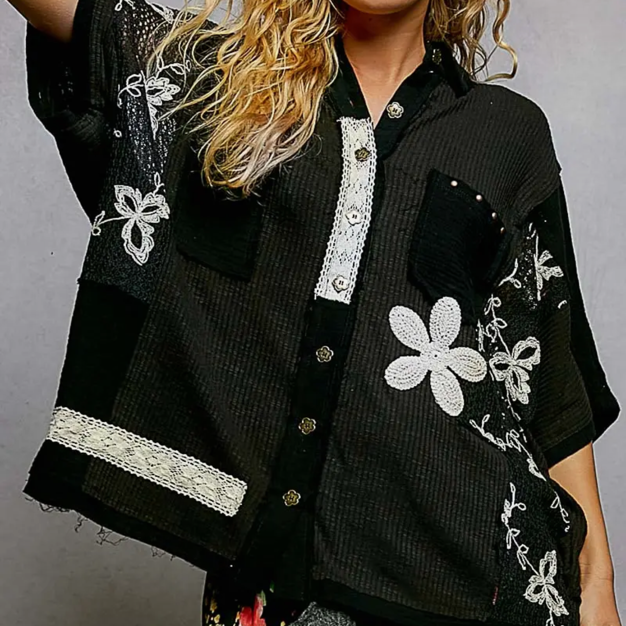 Collared Studded Button-down Short Sleeve Knit Shirt Top-black