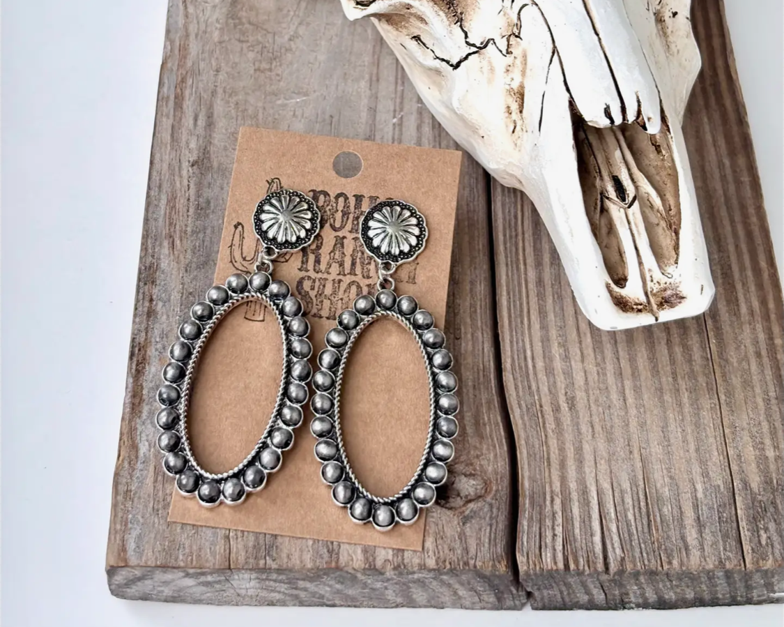 Western Concho Navajo Pearl Oval Post Drop Earrings-silver