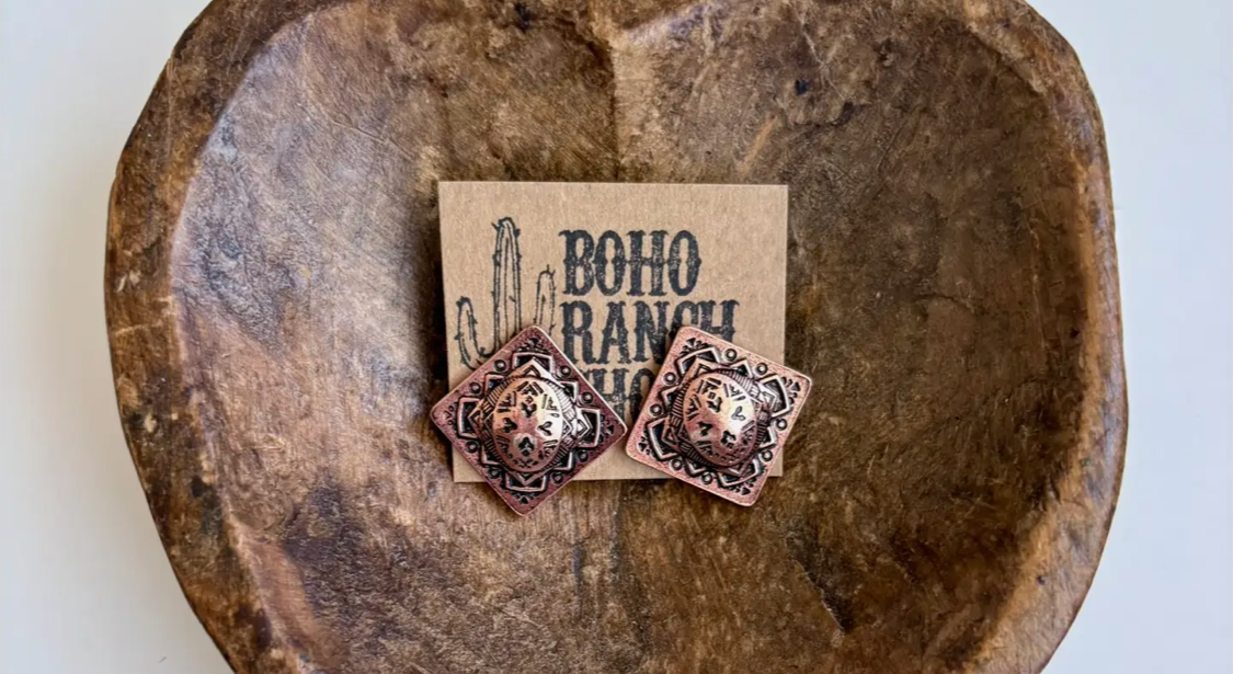 Western Concho Stud Earrings-bronze