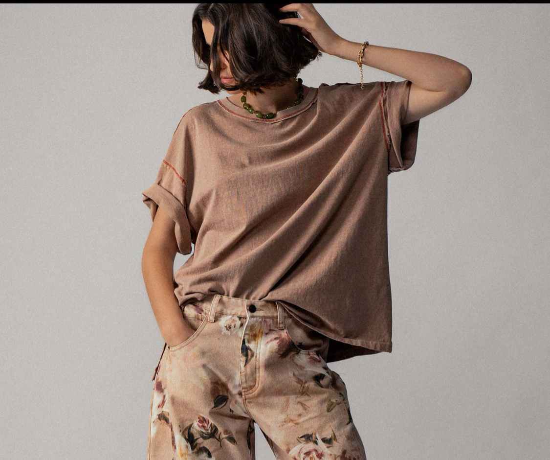 Contrast Stitch Mineral Wash Spring Oversized Tee-taupe