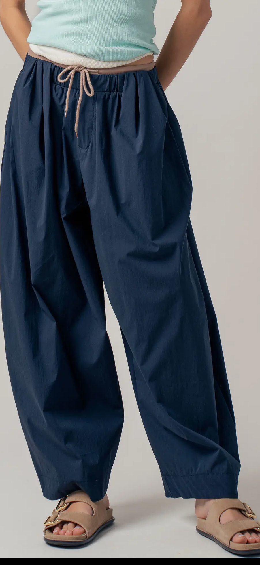 Contrast Waist Cocoon Leg Pants-navy
