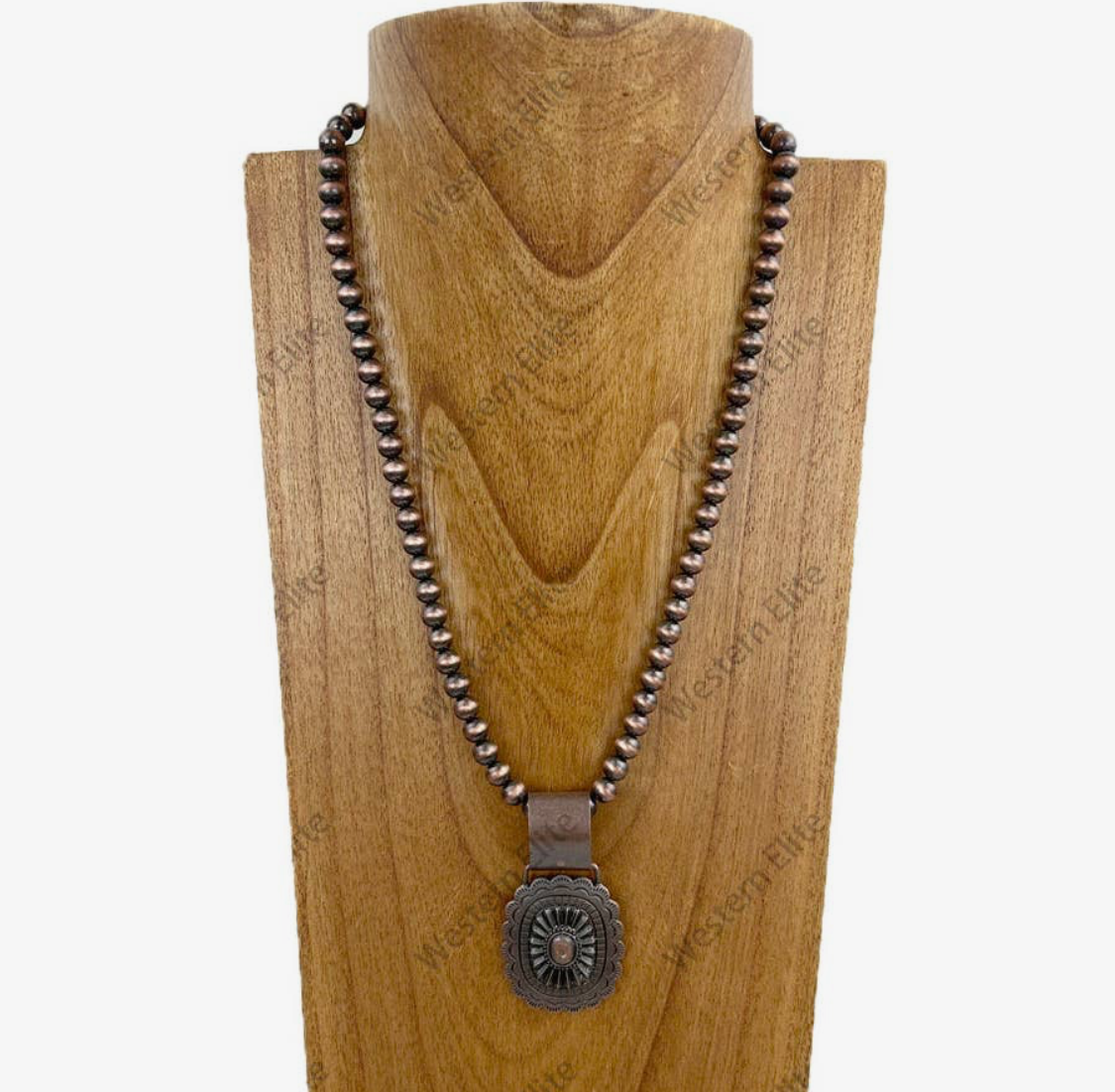 21" Copper Navajo Pearl Beads with Copper Metal Concho Necklace