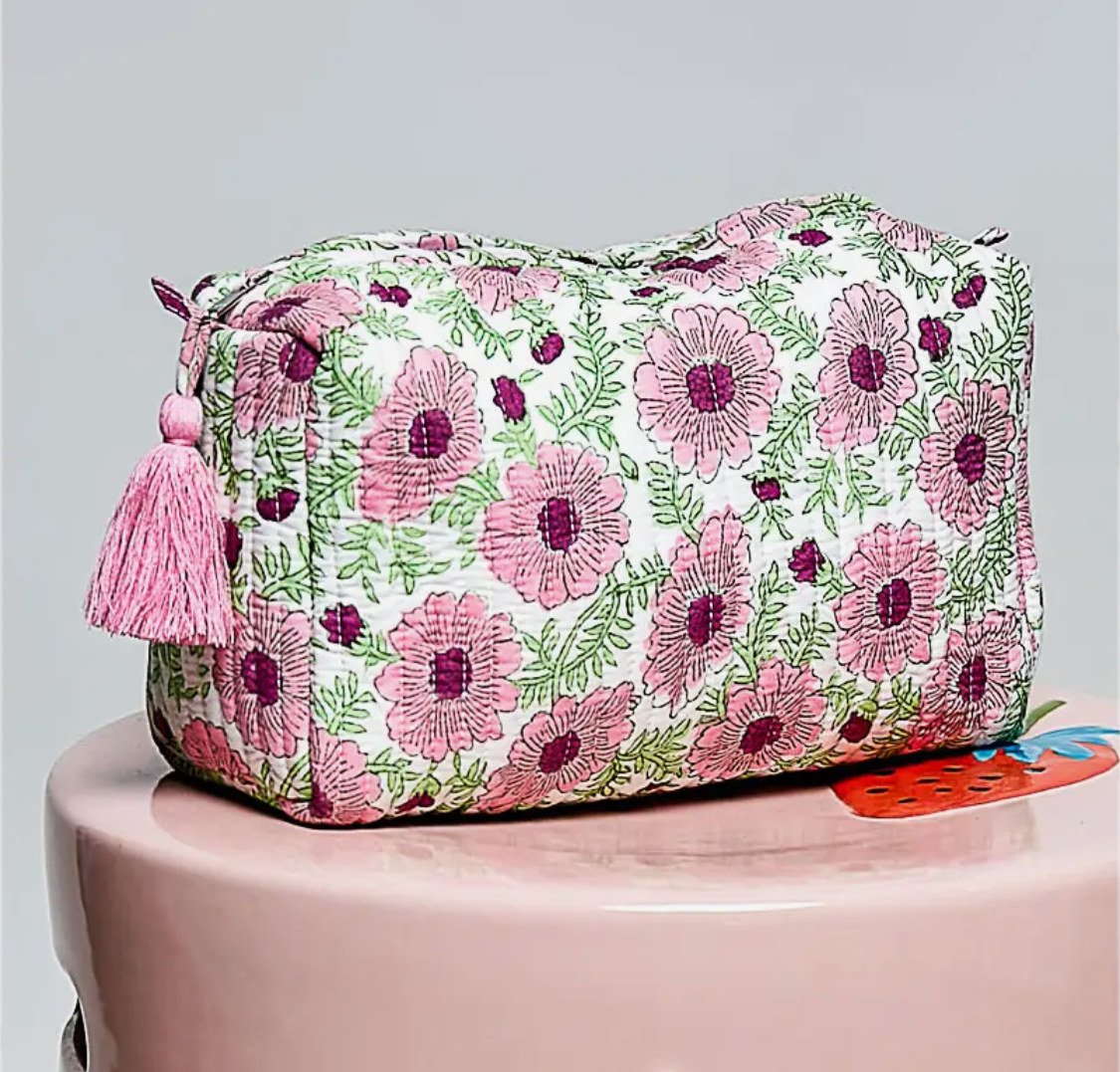 Floral Quilted Tassel Cosmetic Pouch