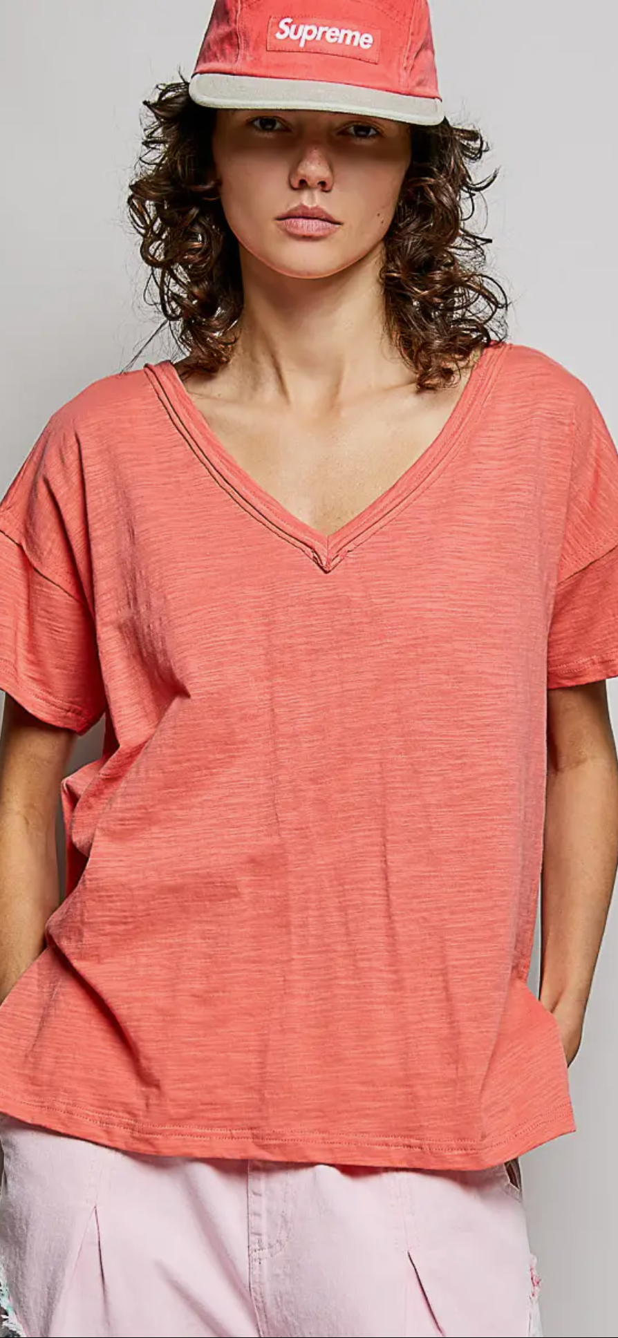 Cotton V neck Short Sleeve Basic Tee Coral