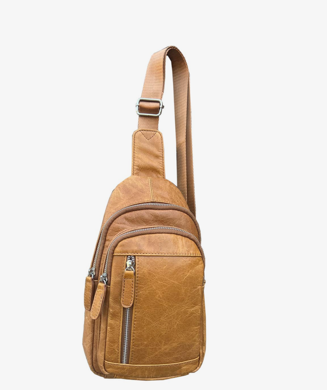 Cowhide Leather Sling Bag with Adjustable Shoulder Strap-light brown