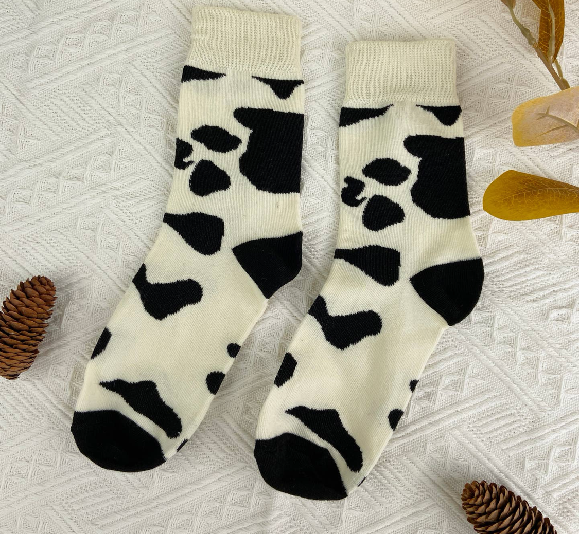 Black and White Mid Calf Cow Print Socks