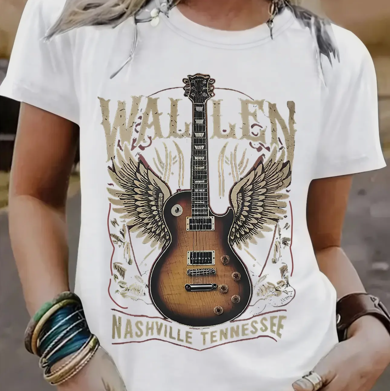 Cozy Guitar Print Crew Neck Short Sleeve T-Shirt