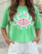 Crab Embroidery Short Sleeve Round Neck Tee-bright green
