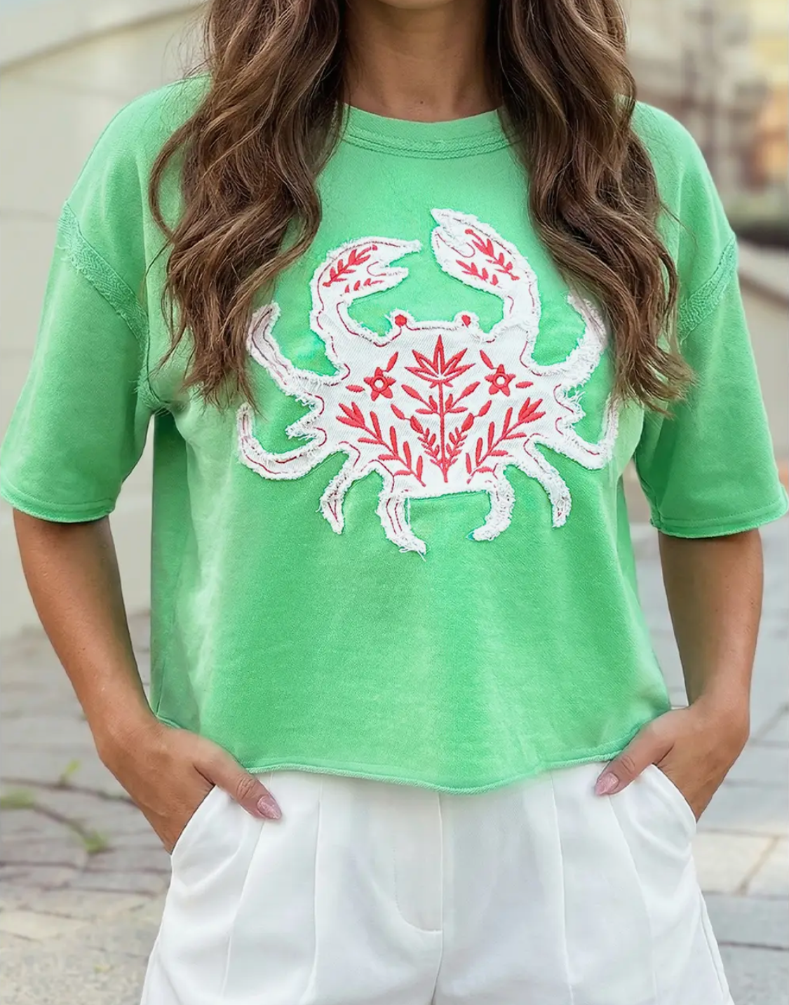 Crab Embroidery Short Sleeve Round Neck Tee-bright green