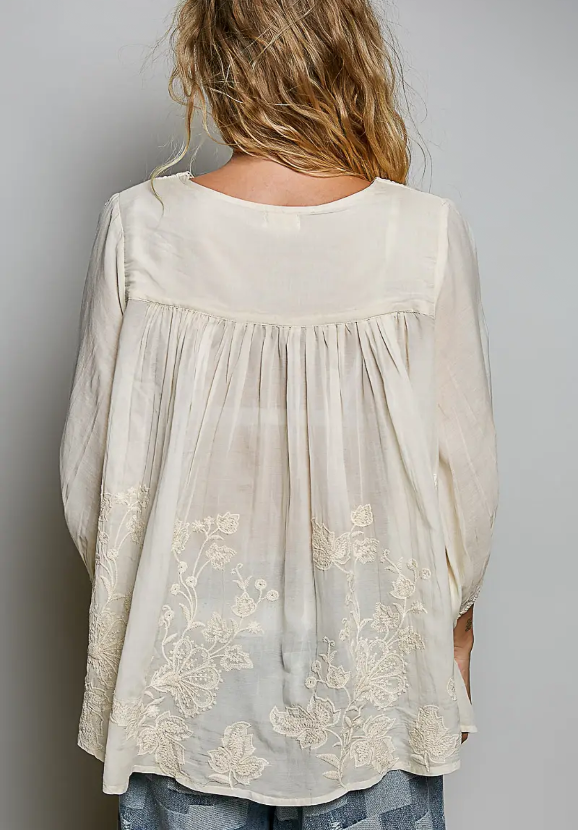 Artisanal Charm Floral Embroidered Blouse V Neck Top-natural