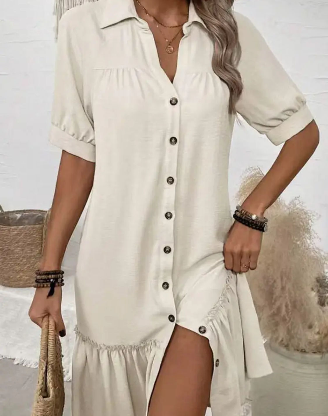 Button Front Casual Shirt Dress-cream