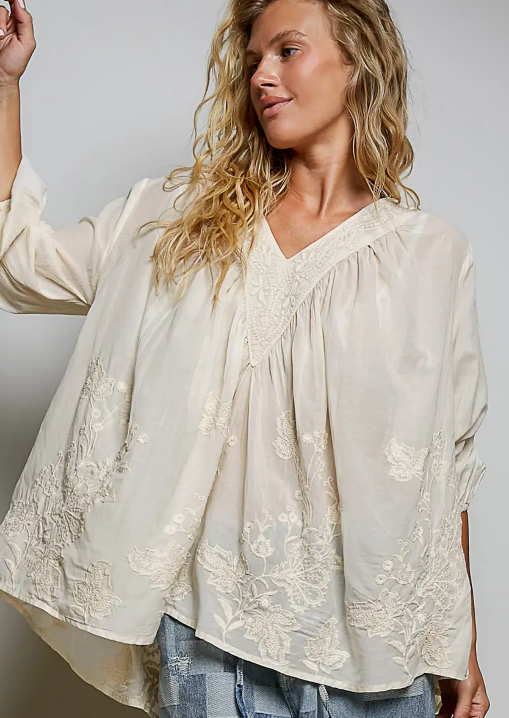Artisanal Charm Floral Embroidered Blouse V Neck Top-natural