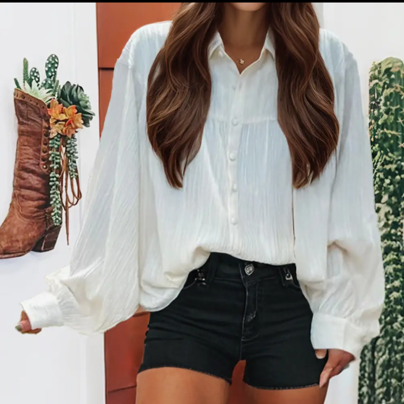 Crinkled Texture Lantern Sleeve Button Down Loose Shirt-white