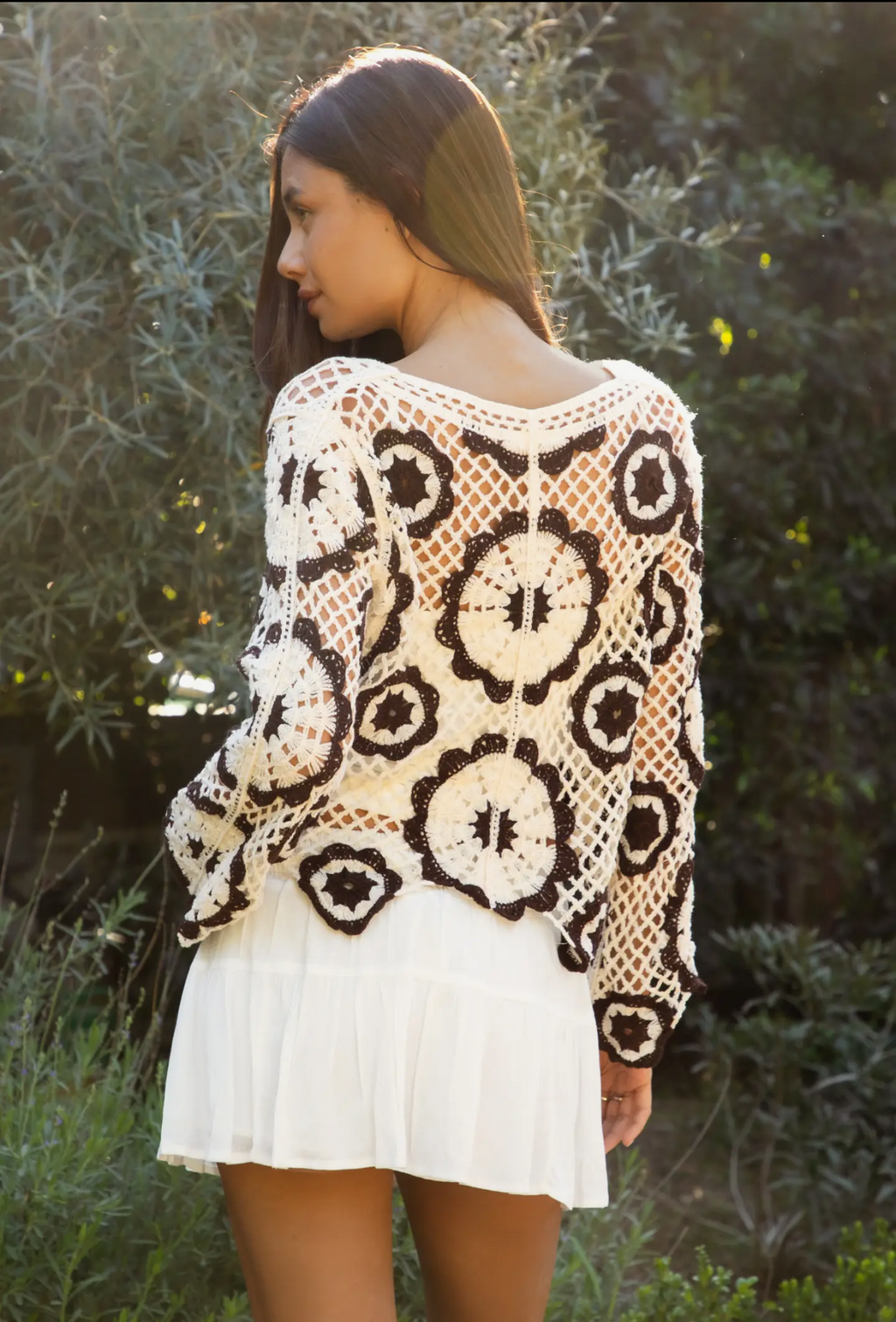 Crochet Long Sleeve Flower Pattern Cardigan Top