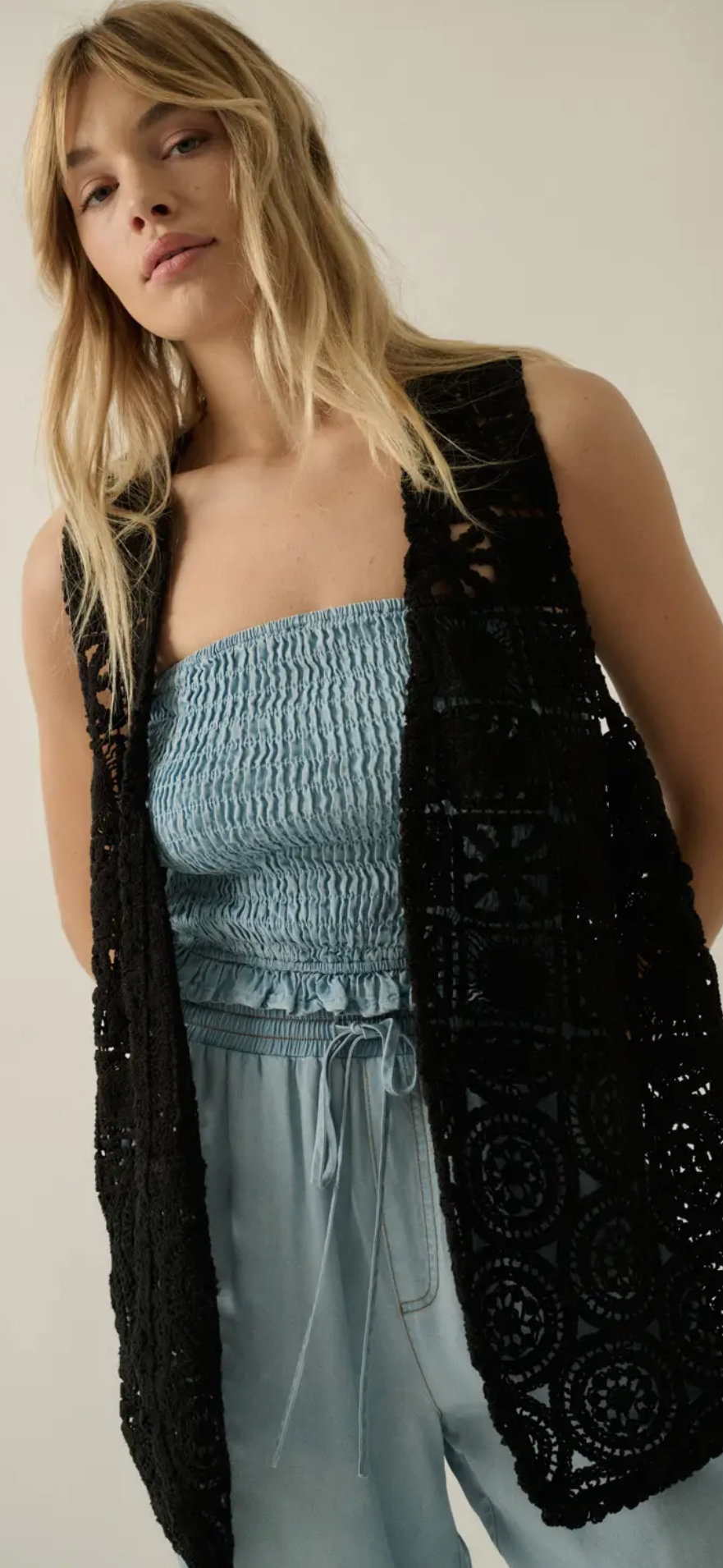 Crochet Knit Open Front Vest-Black