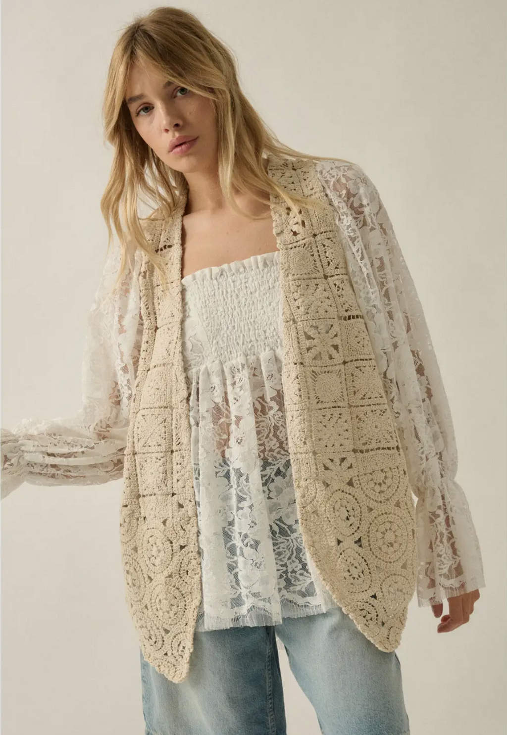 Crochet-Knit Open Front Vest-Natural