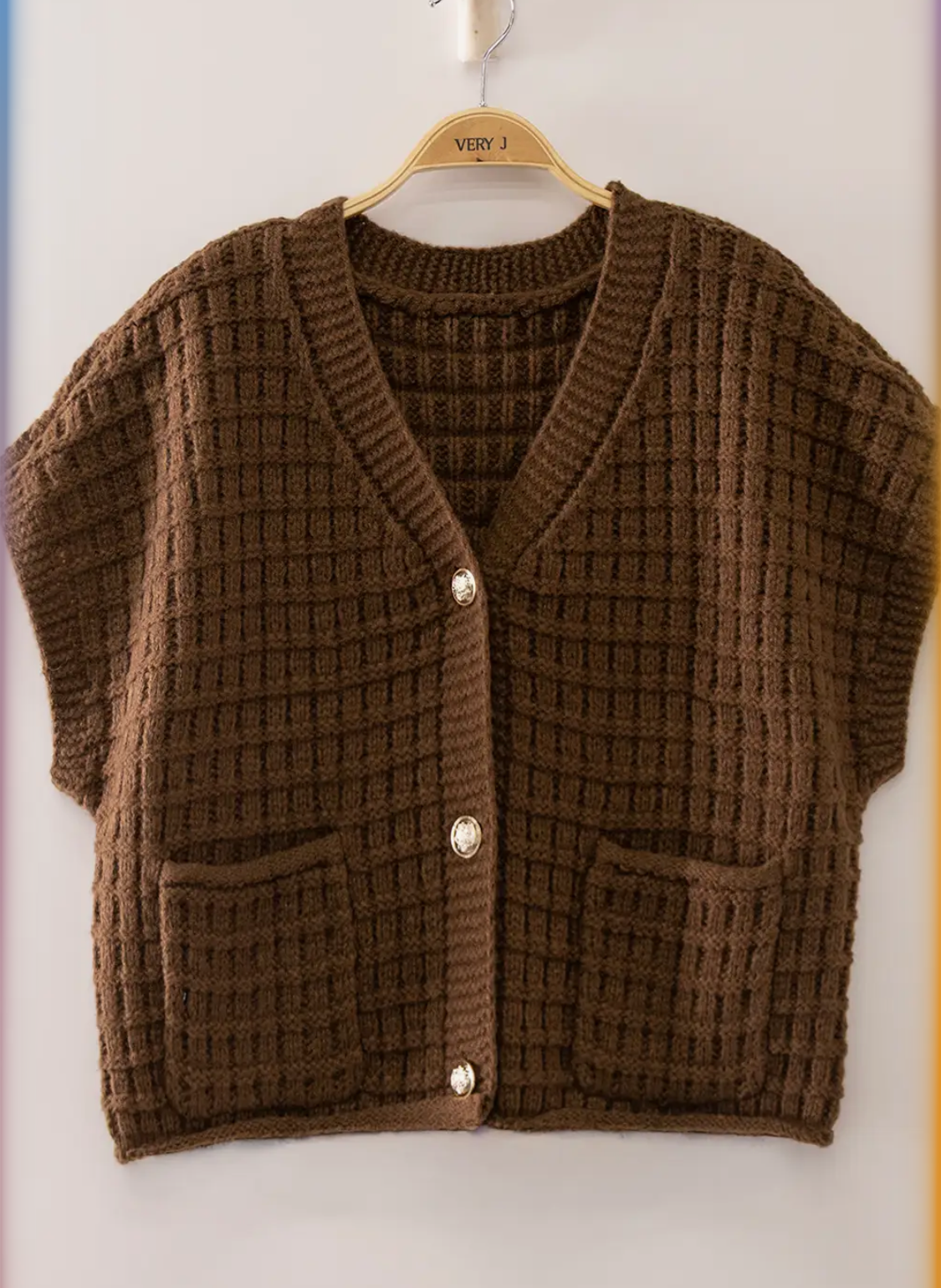 Waffle Texture Crop Cardigan-Chocolate