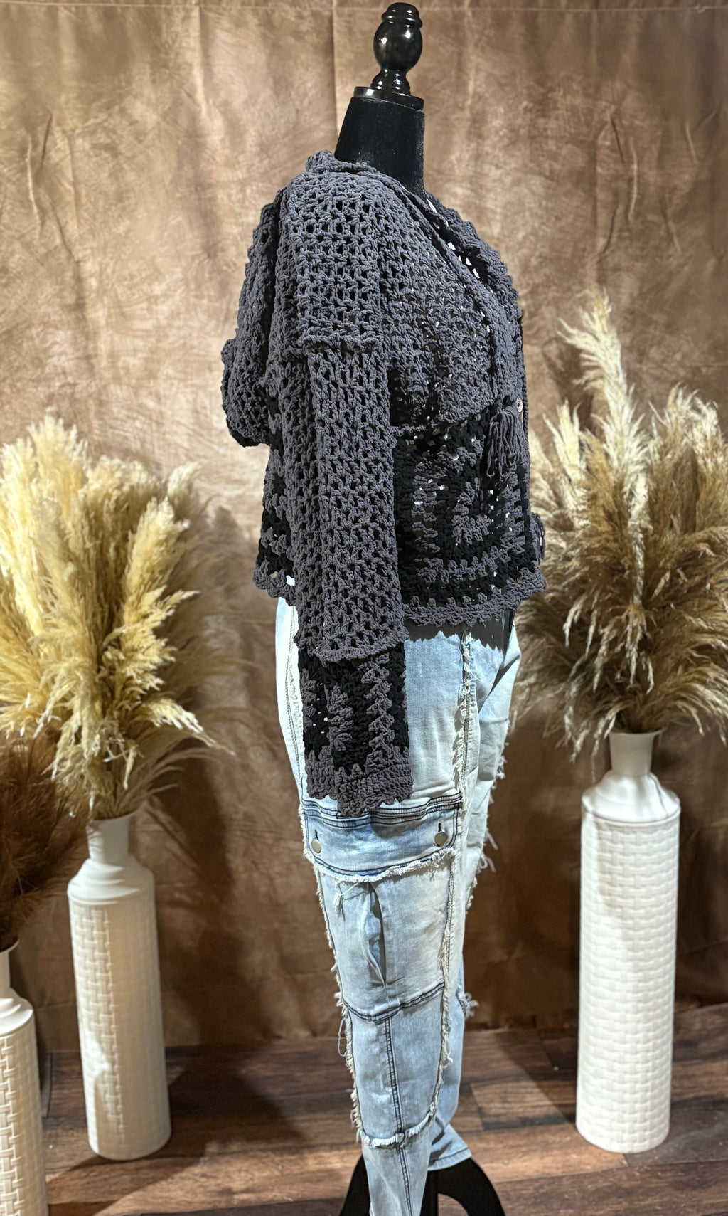 Hand Knit Square Hooded Button Closure Cardigan