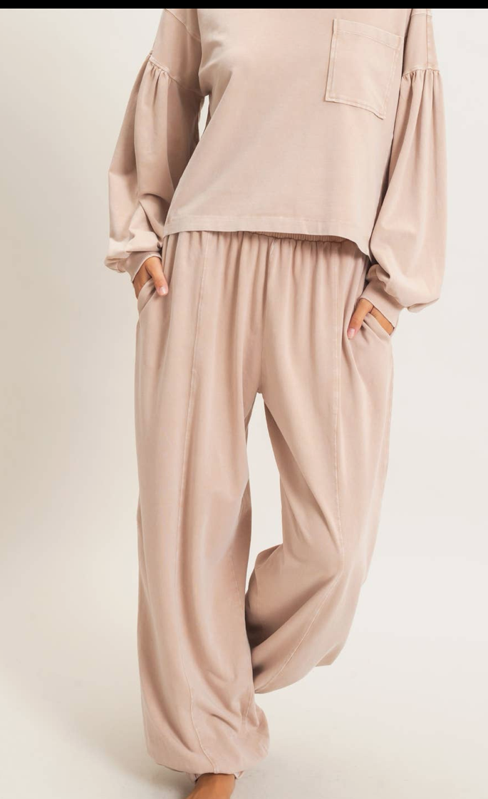 Mineral Wash Elastic Waist Jogger Pants-dark taupe