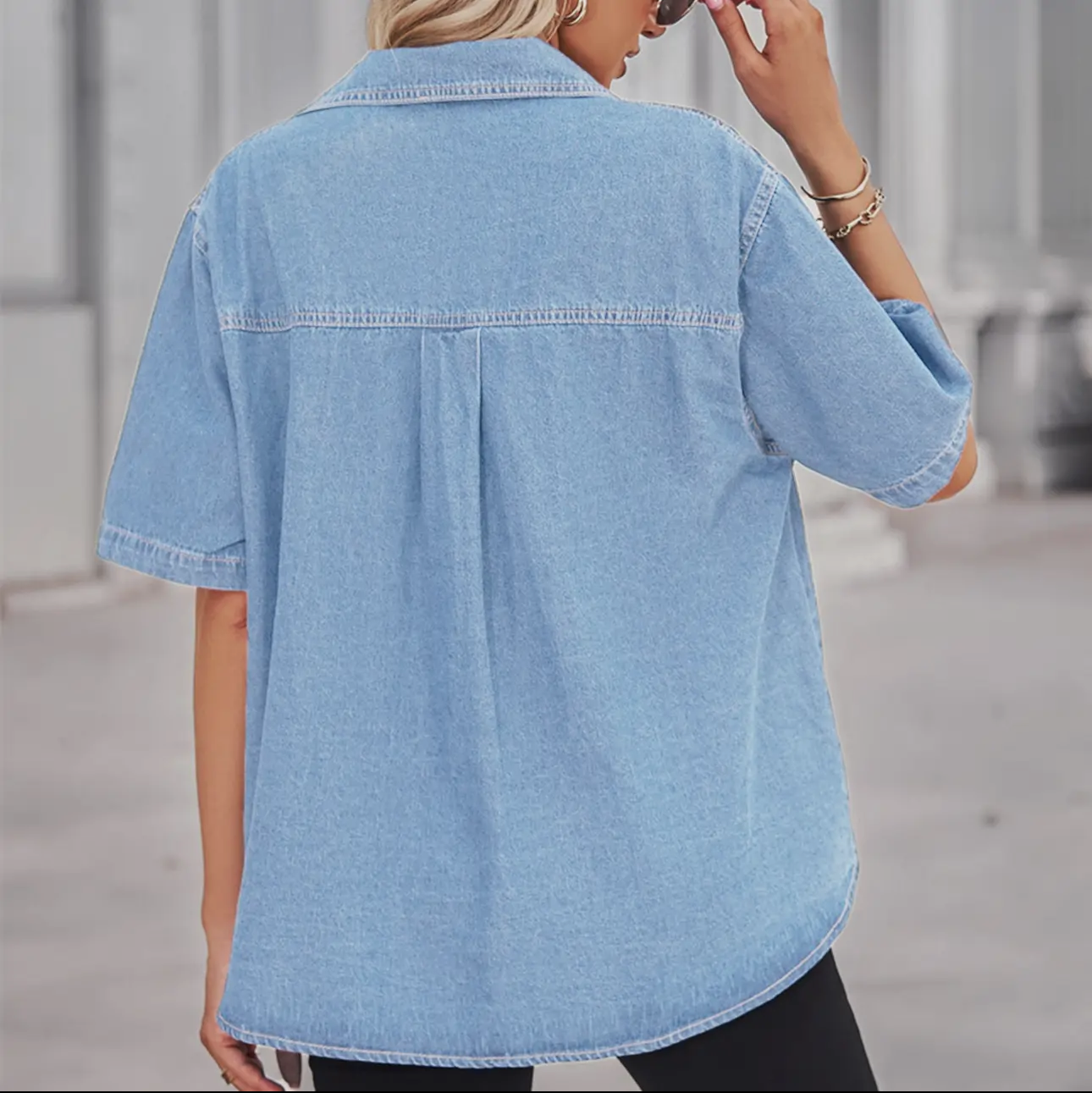 Denim Outer Short Sleeve Shirt- Light Denim
