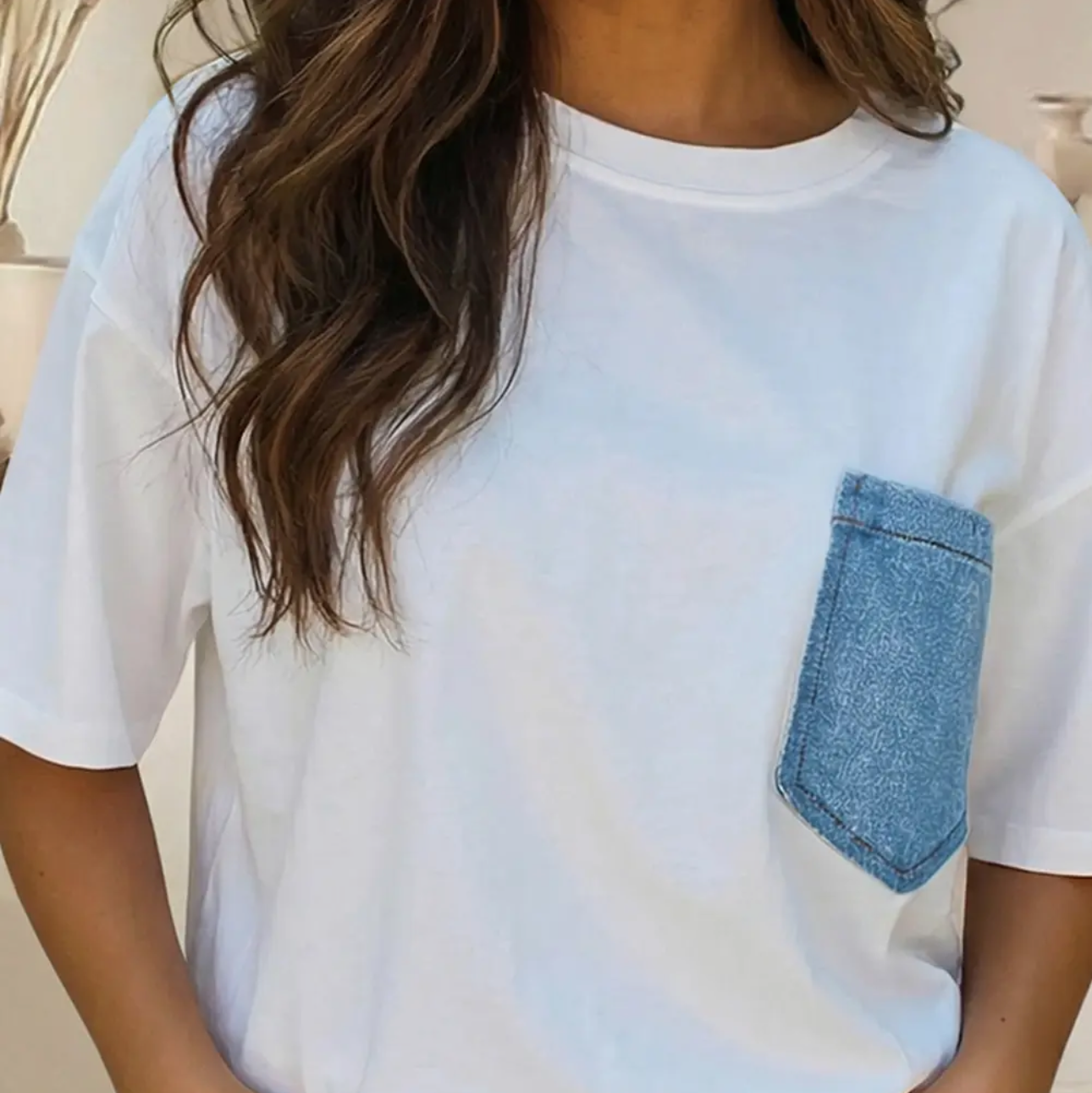 Denim Chest Pocket Patched Casual Short Sleeve Tee