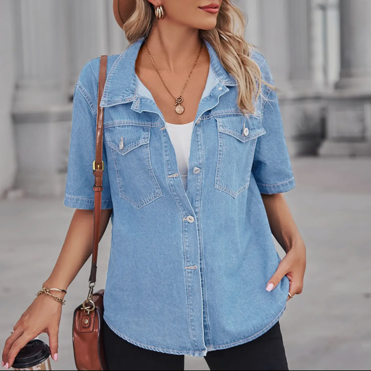 Denim Outer Short Sleeve Shirt- Light Denim