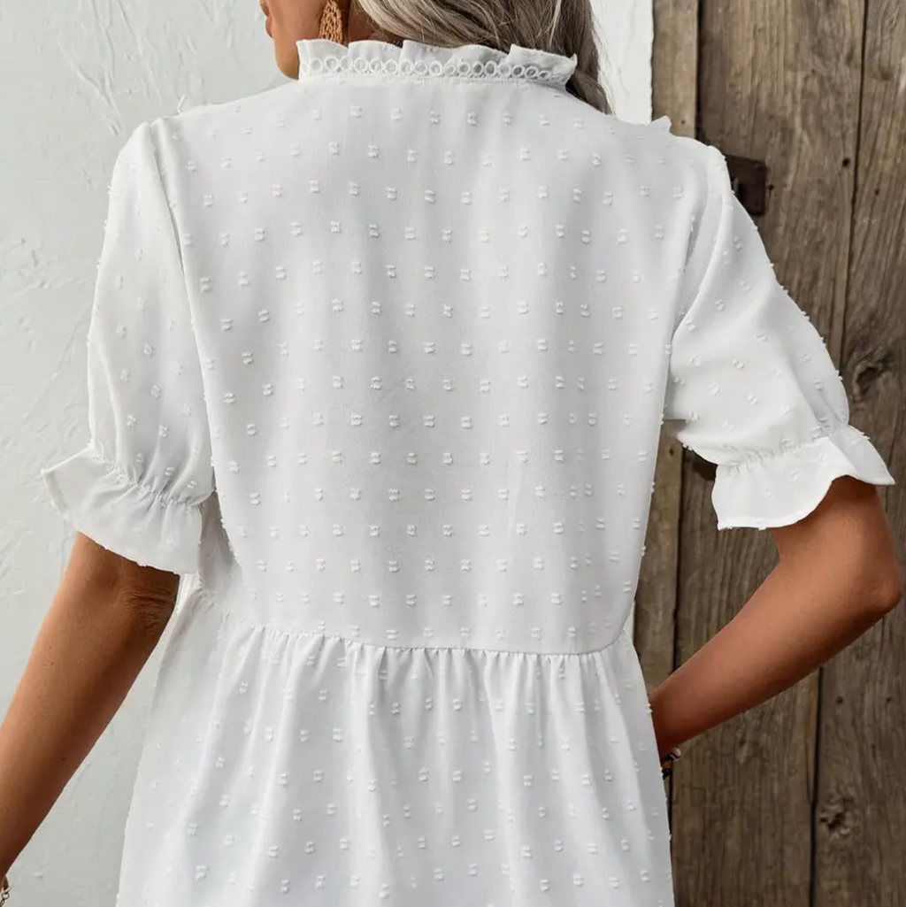 Dot Ruffle Trim V-Neck Blouse