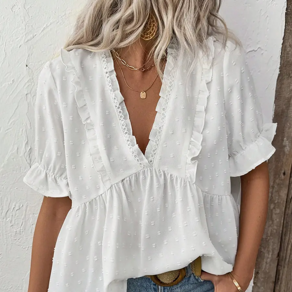 Dot Ruffle Trim V-Neck Blouse