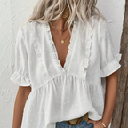 Dot Ruffle Trim V-Neck Blouse