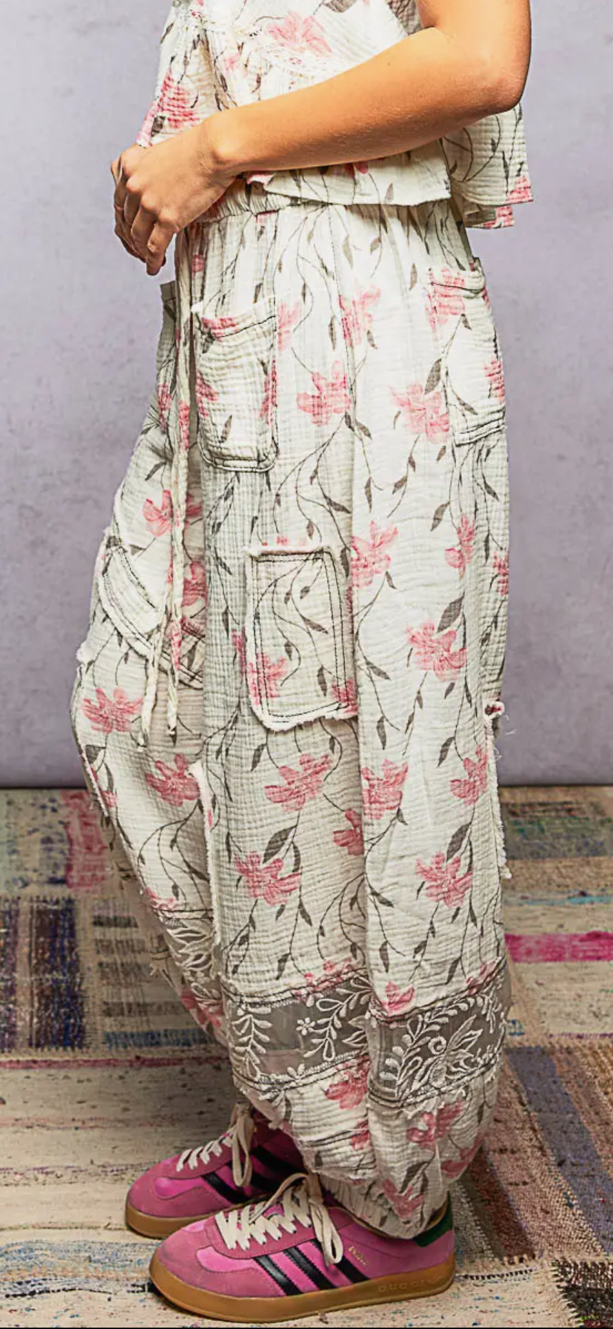 Double Gauze Lace See Through  Patch Woven Pants