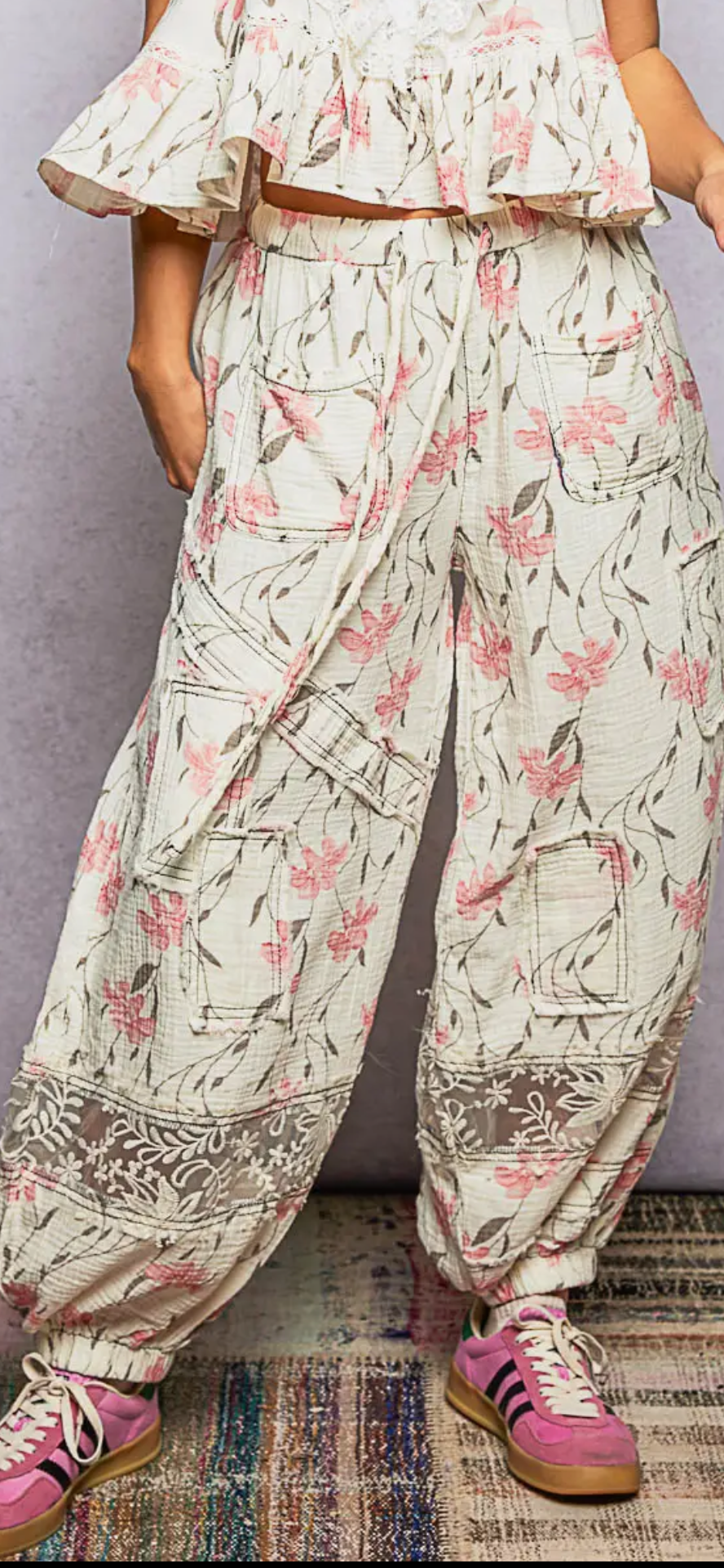 Double Gauze Lace See Through  Patch Woven Pants